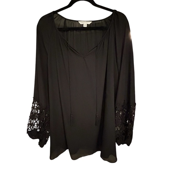Counterparts Tops - Counterparts Black Lace Sleeve Tassel Tie V-Neck Blouse Size 2X